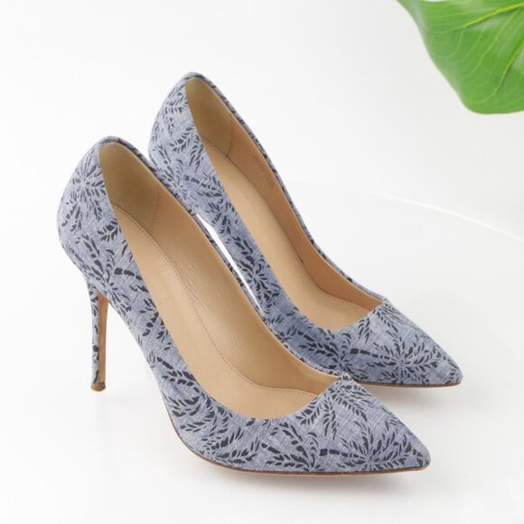J Crew Womens Roxie Pump Size 8.5 Blue Satin Palm Tree Pointed Heel Shoes Italy - Picture 13 of 13